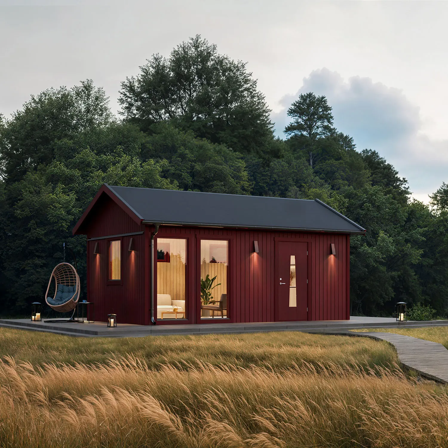 Forma 30 i faluröd träpanel med sadeltak, i skymning